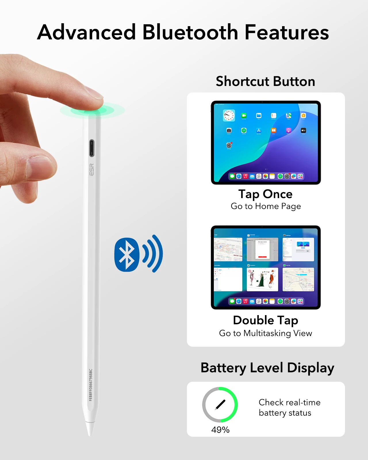 ESR Pencil 1a Generazione Per IPad 2018-2025, Inclinazione, Rifiuto Palmo, Alluminio Bianco
