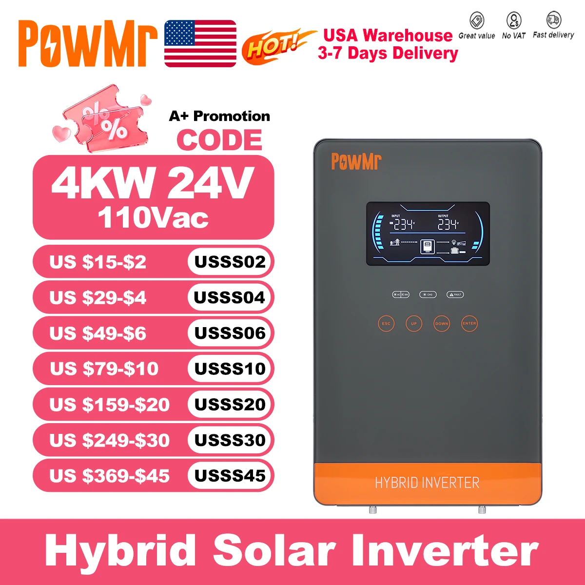 PowMr 4KW 110Vac 120Vac Off Grid Solar Inverters 24V 140A 5600W MPPT Charger Pure Sine Wave Home Inverter 6.25 Inch LCD Display