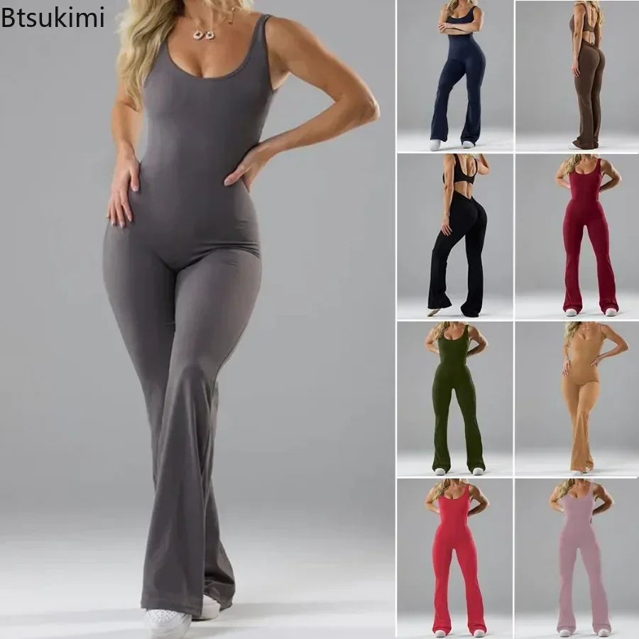 Jumpsuit Punggung Cantik Berongga Mode 2025 untuk Wanita Celana Flare Ramping Romper Tanpa Lengan Bodysuit Yoga Kebugaran Lari Wanita