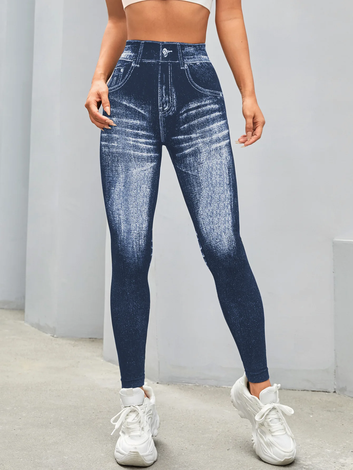 Damen Gym Bedruckte Yoga-Leggings Nahtlose Hochtaillierte Denim-ähnliche Perforierte Hosen mit Fake-Taschen Yoga Fitness Leggings – Detail 20