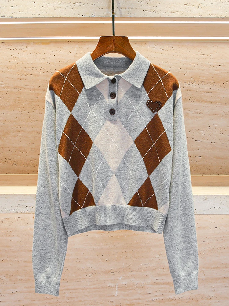

High-End Briti Sle Knitted Sweater with Diamond Pattern And Collar for Women Commute Simple Sle Long Sve ort Length