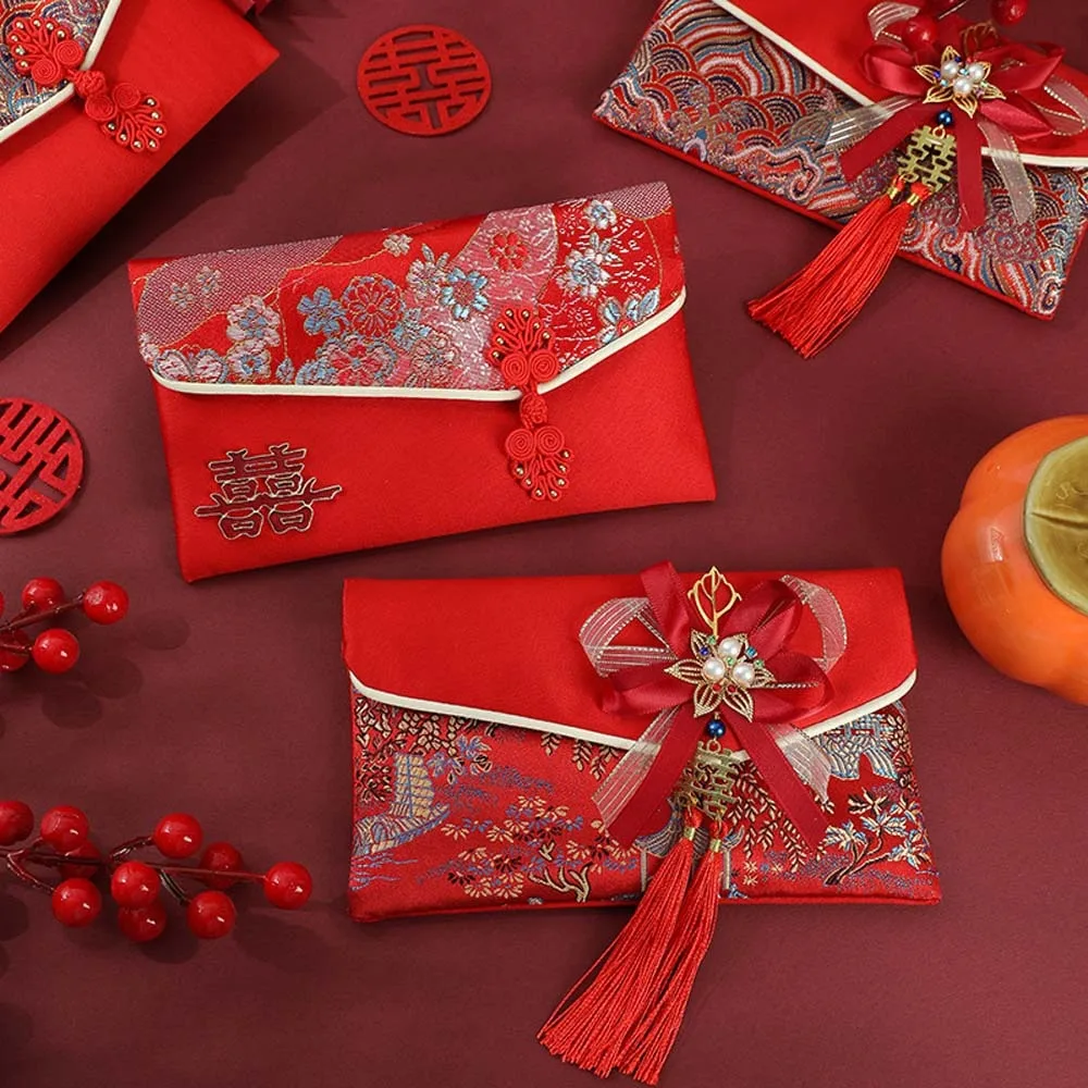New Year Blessing Words Brocade Red Envelope Brocade Cloth Tassel Spring Festival 2025 Money Pocket Flowers Embroidery