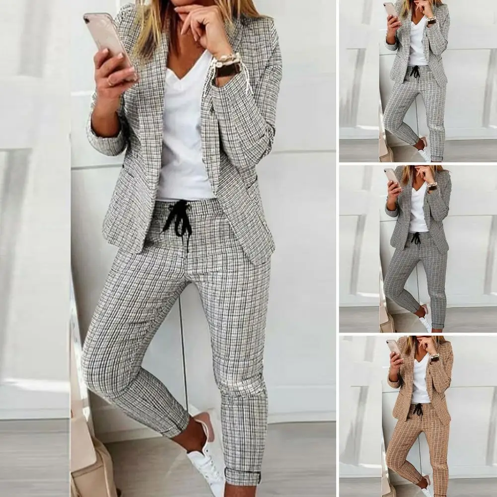 Lady Outfit Set Slim Fit Two-piece Open Stitch Women Blazer Pants Set OL Style Women Blazer Pants Set for Business Trip