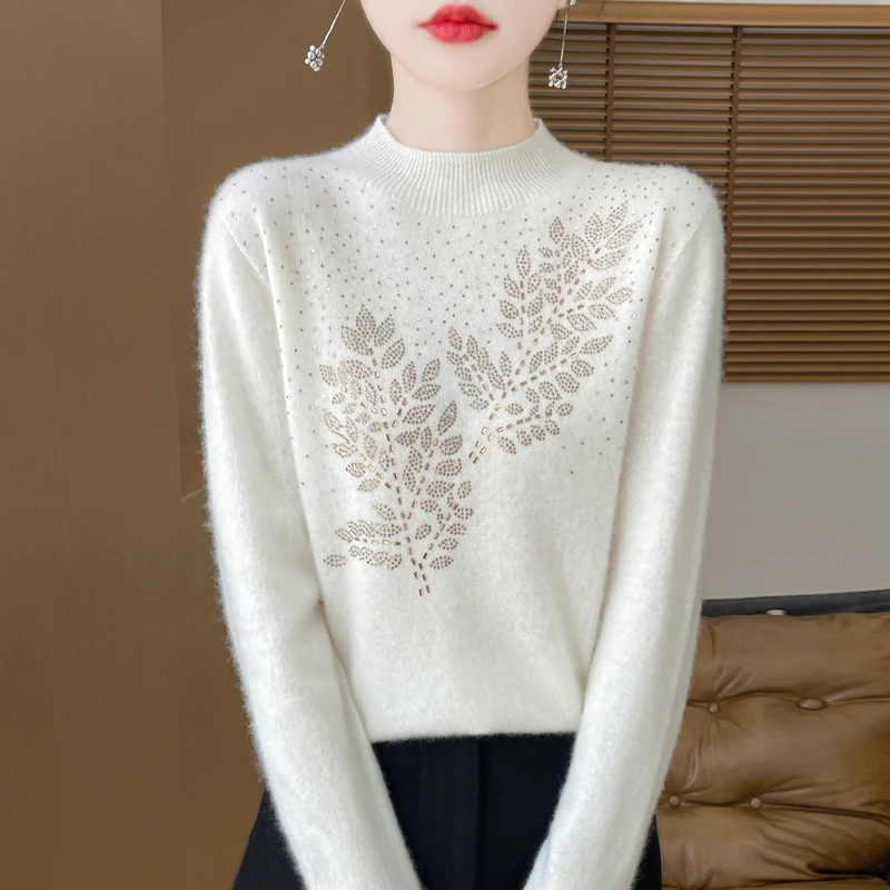 เสื้อฮู้ดไหมพรมขนสัตว์ออสเตรเลียแท้ คลาสสิกสำหรับผู้หญิง แขนยาว คอกลม ประดับเพชร ดีไซน์ลำลอง คุณภาพสูง อุ่นสบาย