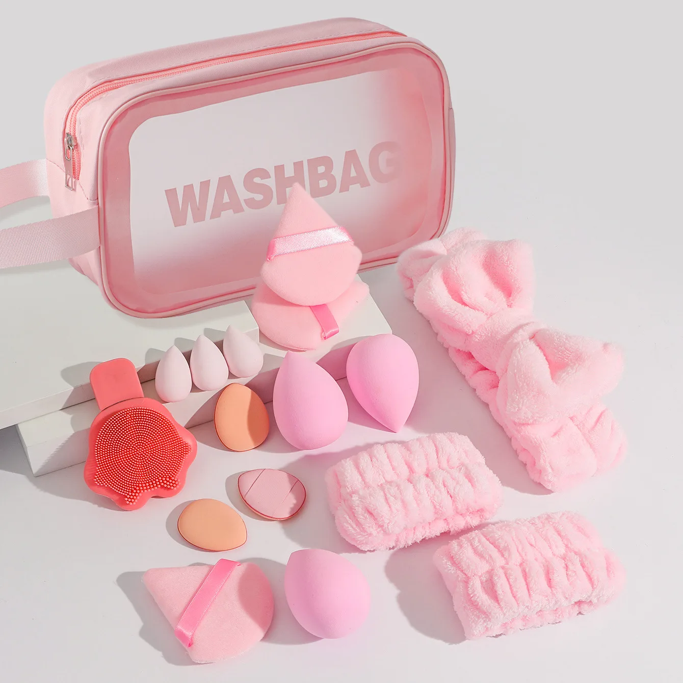 Travel Makeup Bag Set Makeup Sponge Headband Hair Band Wristband Facial Cleansing Brush Moisture-proof Storage Bag Beauty Kit