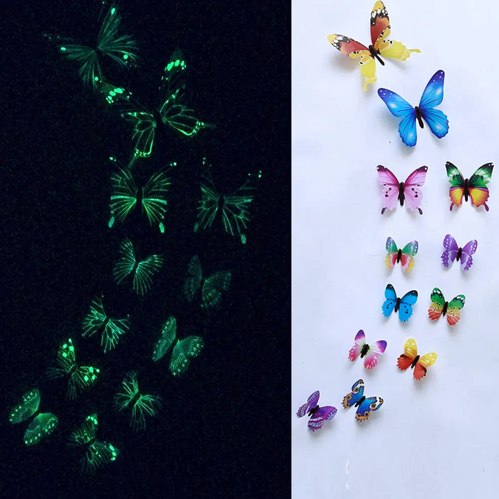 12x luminoso 3d borboleta adesivo de parede para crianças quarto casa sala geladeira decalque brilho no escuro decoração de papel adesivo