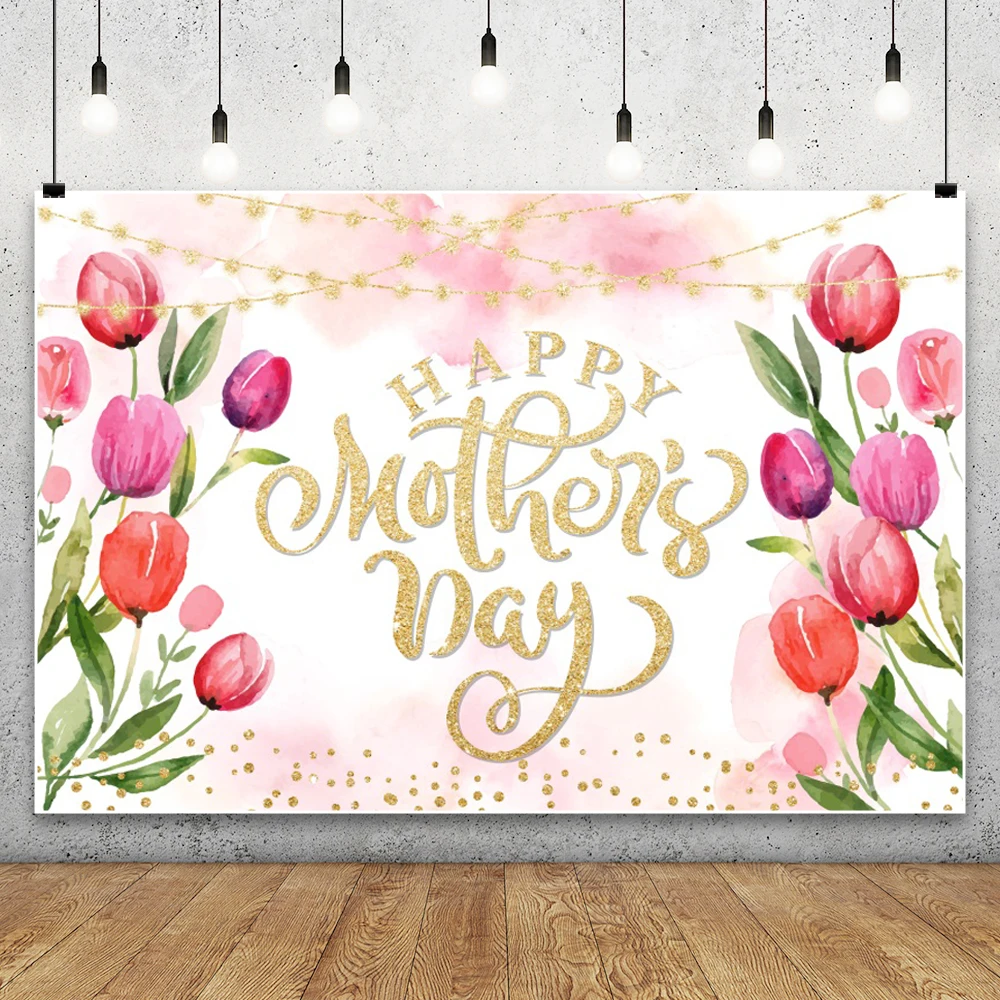 Happy Mother’s Day Backdrop for Photography Pink Watercolor Tulip Best Mom Birthday Party Decoration Background Photo Studio