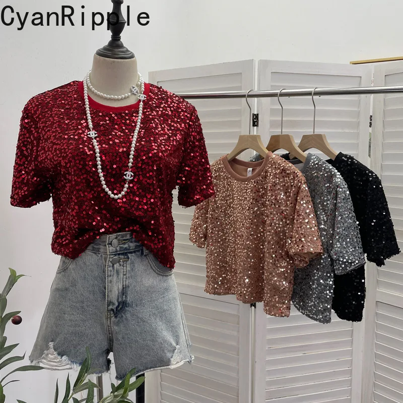 Blingbling Red Sequins Beading Loose Short Sleeve T-shirt All-match Round Neck Blingbling Shiny Hot Chick Crop Pullover Tops