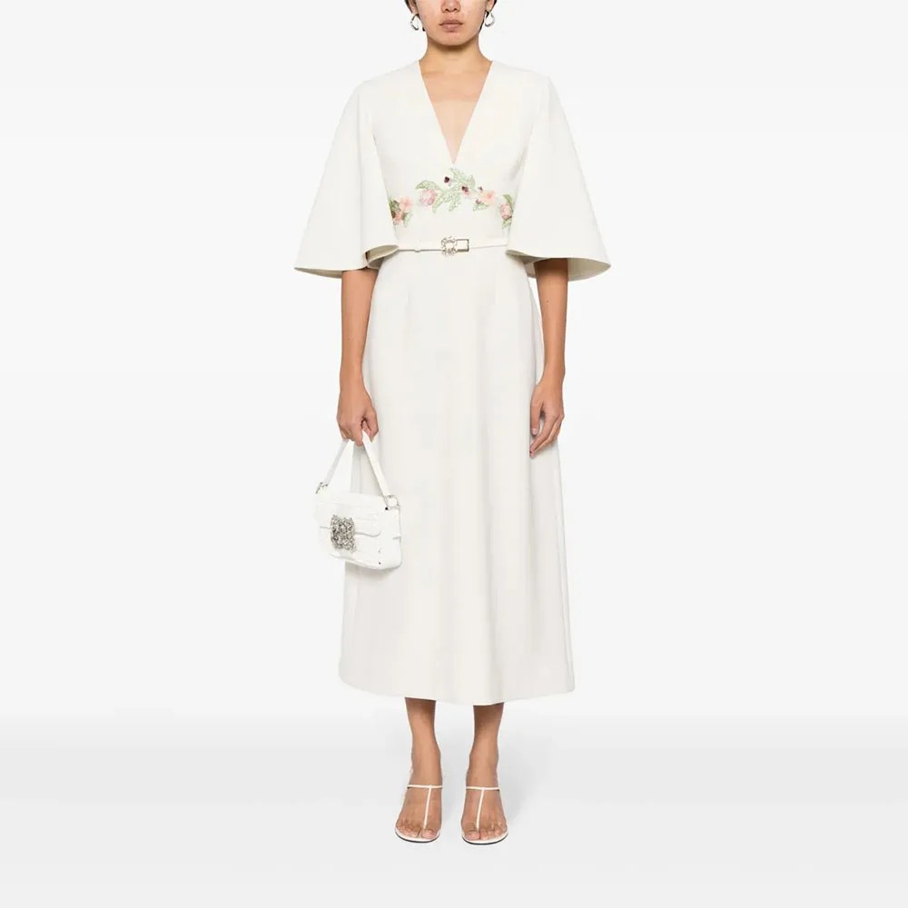 

Modern Women's Evening Gown A Line Tea Length Wedding Party Dress V Neck Saudi Dress Appliques 3/4 Flare Sleeves Prom Dress