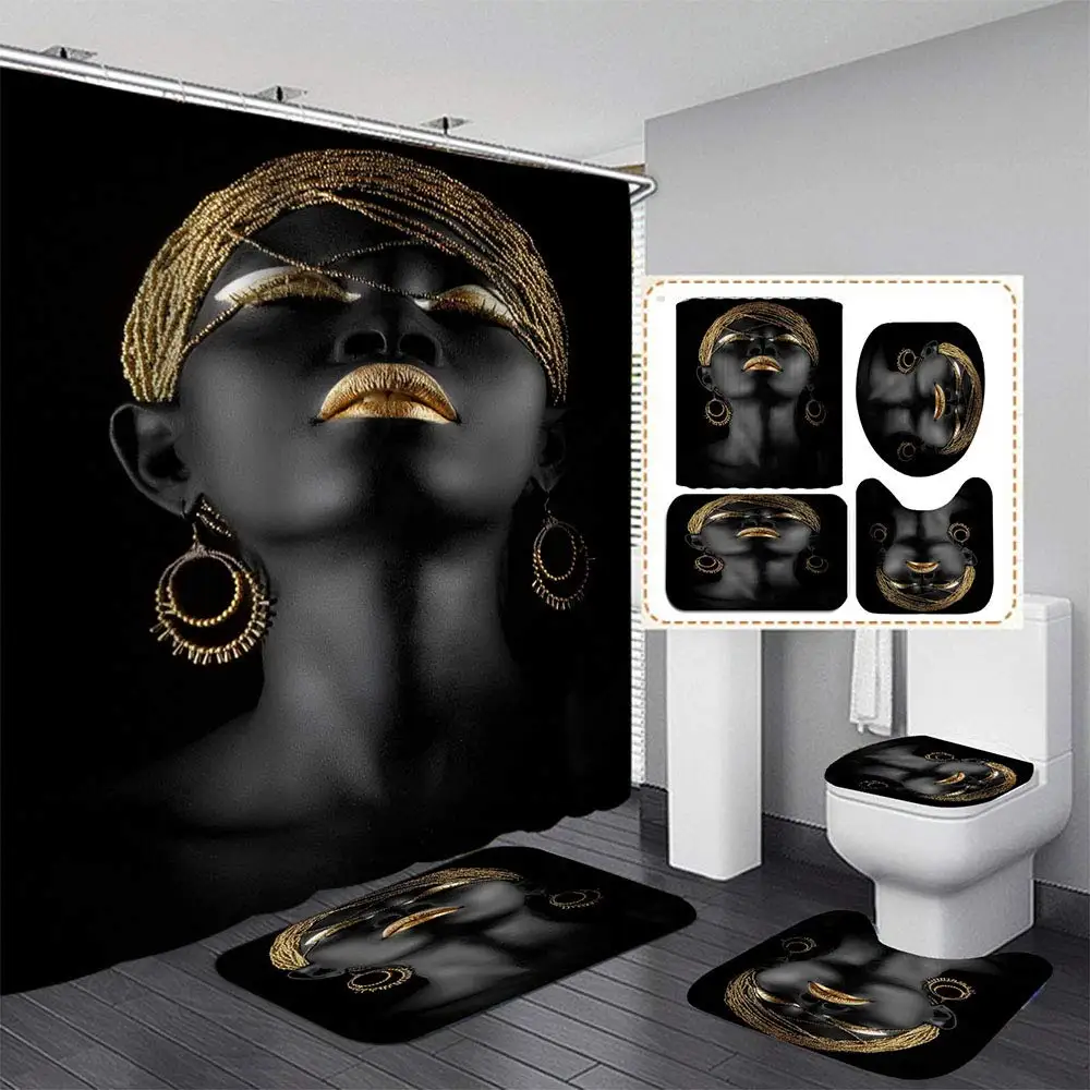 African American Black Girl Polyester Shower Curtain with Hook Bathroom Bath Mat Non-Slip Rug Toilet Cover Set Modern Home Decor