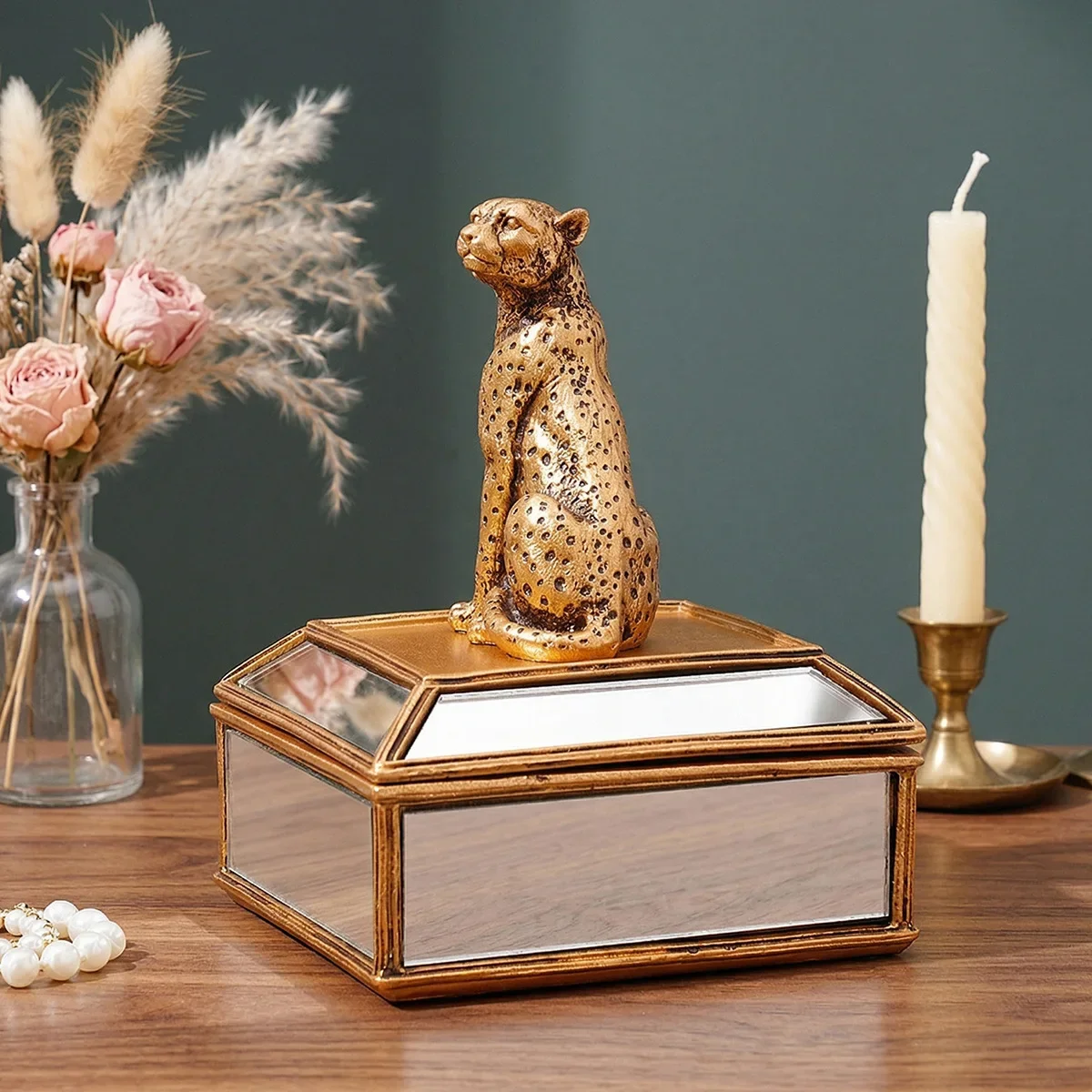 Creative Golden Mirror-faced Leopard Jewelry Storage Box Gold Leopard-shaped Storage Canister Home Organizer Organization