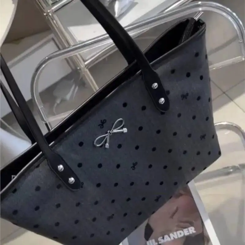 Bloom Sweet Cool Black Tote Women College Style Trendy Bow Print Large Capacity Handbag Ladies Vintage Shopping Bag Y2k