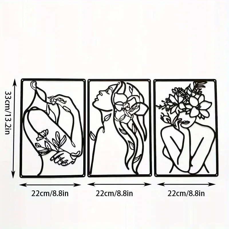 Minimalista Mulher Abstrata Wall Hanging Art, Linha Moderna Desenho, Metal Home Decor, Linha Única de Parede Feminina, 3Pcs