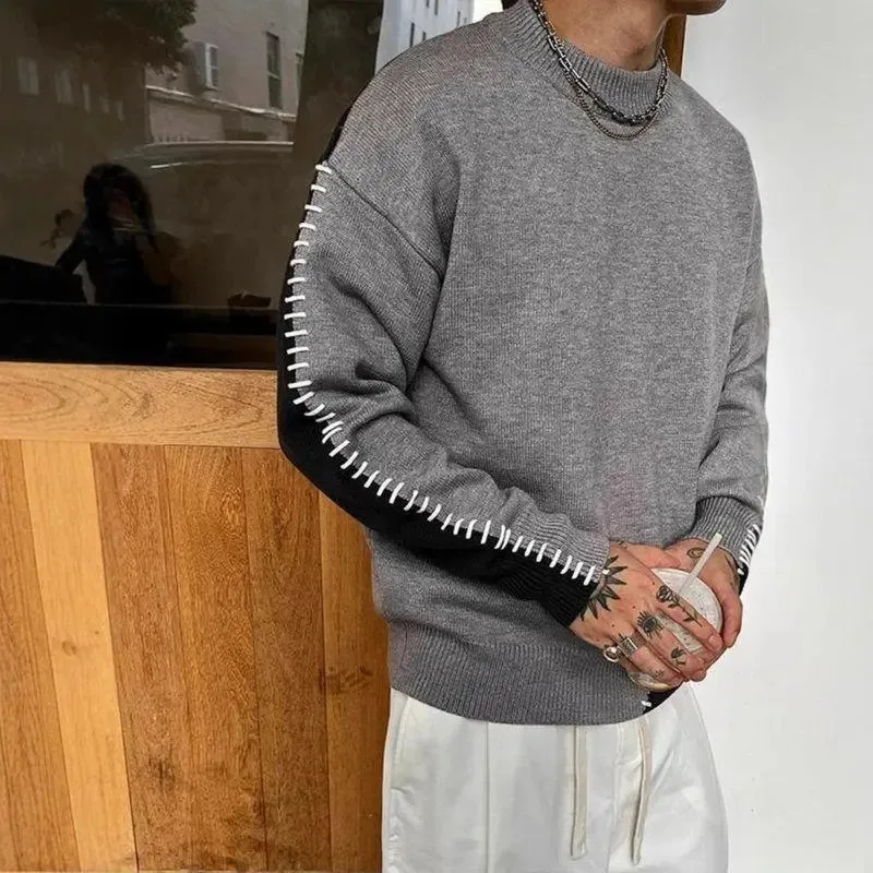 

Американский свитер с круглым вырезом контрастного цвета, мужской осенне-зимний повседневный свитер в стиле ретро, топы