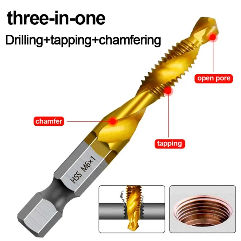 M3x0.5Mm 六角シャンクチタンメッキ HSS ねじ山メートルタップドリルビットねじ機械複合タップオープン面取りツール-AT64
