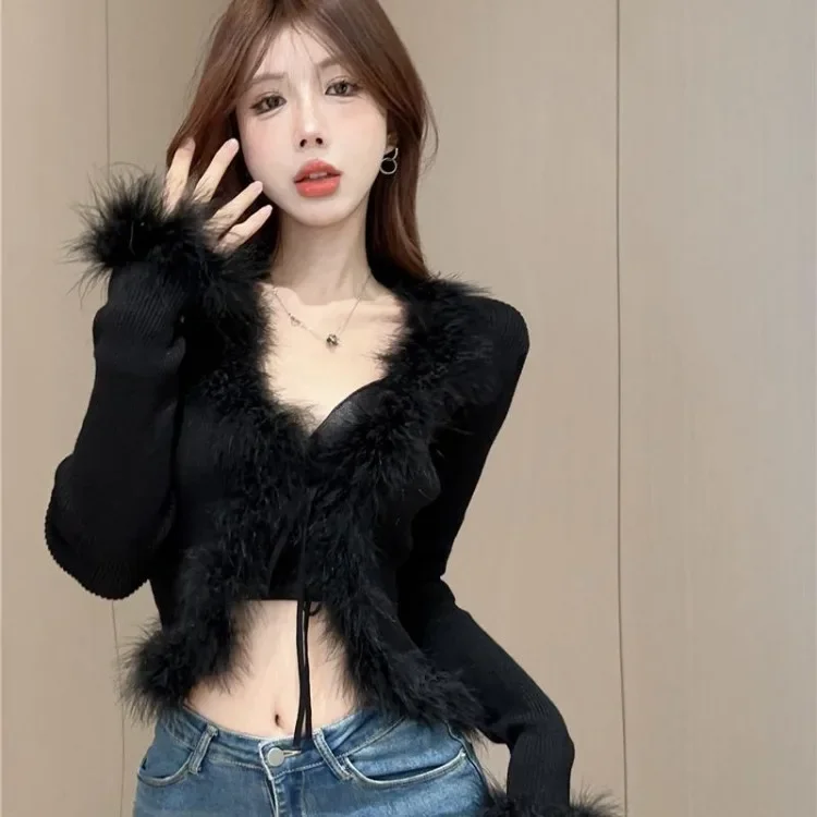 Fashion Street V-neck Lace Up Cardigan Coat Women 2024 New Slim Fit Tops Mujer Y2k Grunge Long Sleeve Black All-match Sweaters