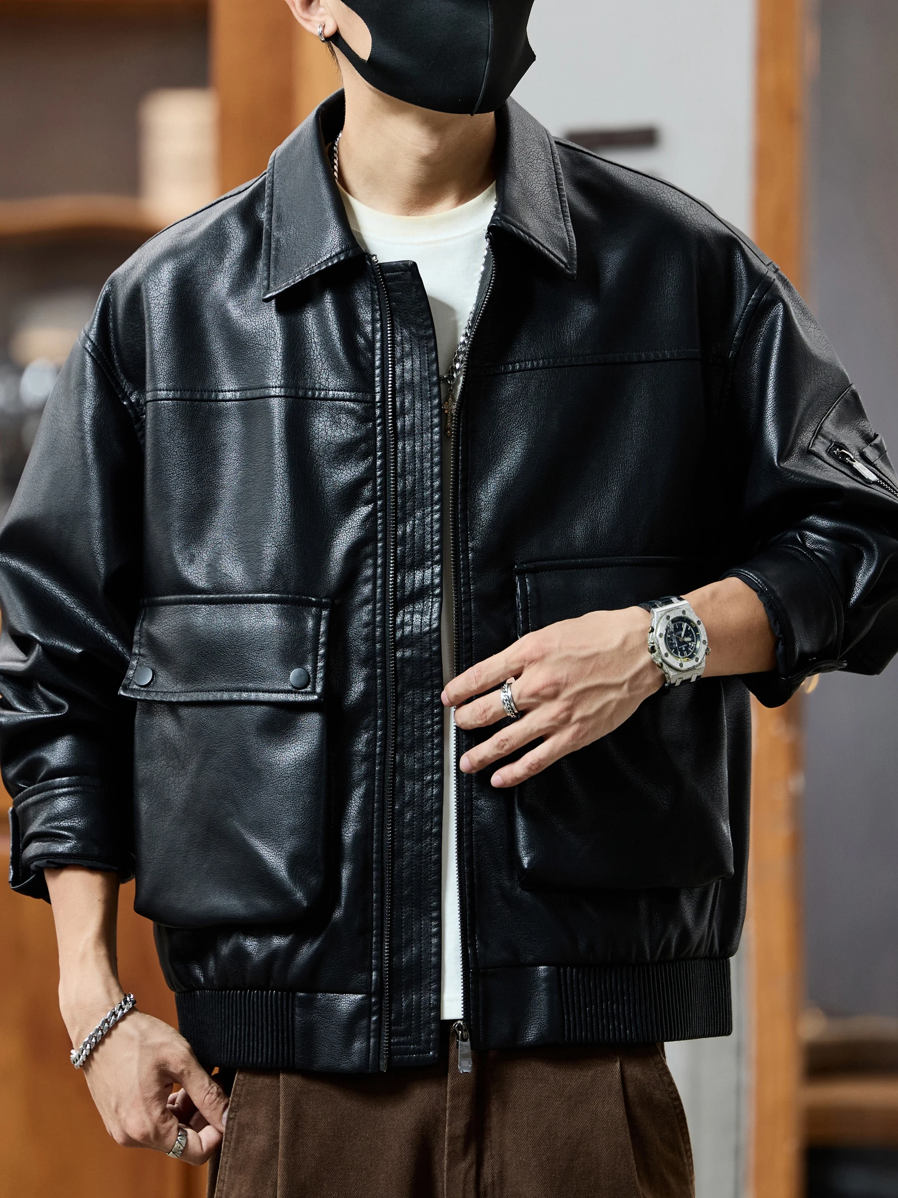 

Retro American PU Leather Jaet Men's Loose Motorcycle Clothes Autumn New Sle High Sensation Cool Pure Color Long Sve