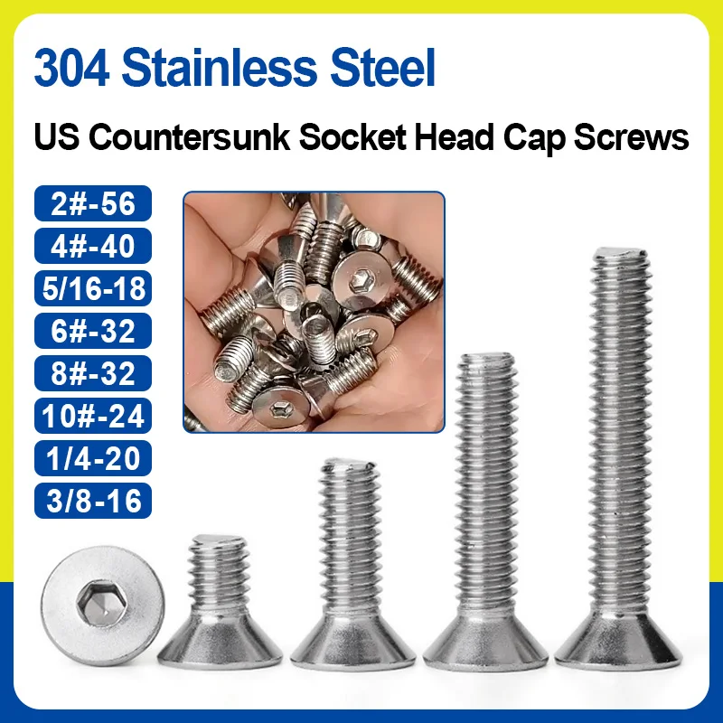 304 Stainless Steel United States Countersunk Hex Socket Machine Screws Imperial UNC Thread Sizes 2# 4# 6# 8# 10# 1/4 5/16 3/8