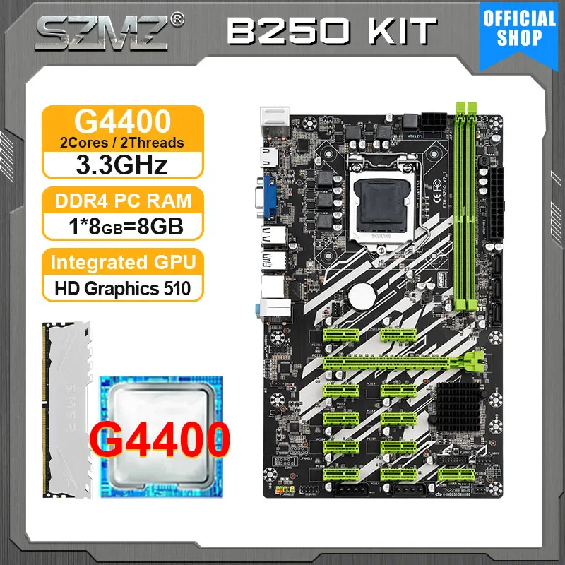 SZMZ B250 Mining Motherboard LGA 1151 Set with G4400 CPU + 8GB DDR4 RAM 11 USB ports GPU Crypto Miner B250 mining plate