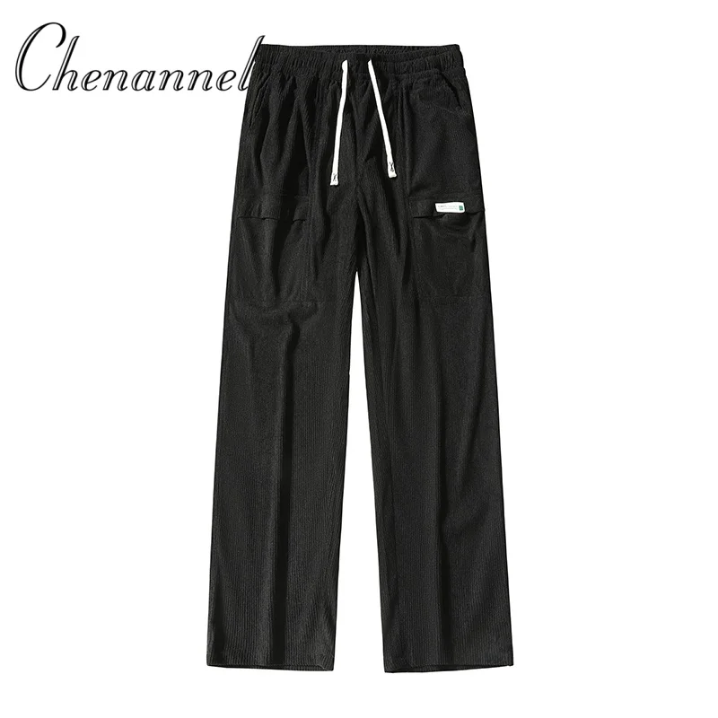 กางเกงลำลองผู้ชายผ้าลูกฟูกทรงหลวมสไตล์แฟชั่น กางเกงขายาวทรงตรงเอวยางยืดพร้อมเชือกผูก เหมาะสำหรับใส่เที่ยวเล่นกลางแจ้ง