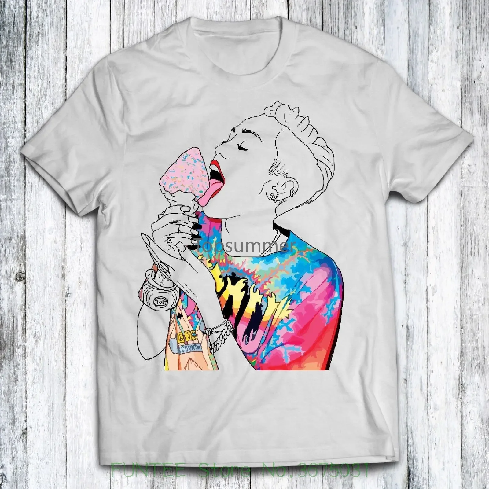 Print T Shirts Men Miley Cyrus Ice Cream White Mens Womens T-Shirt Fashion Hipster Music Gift