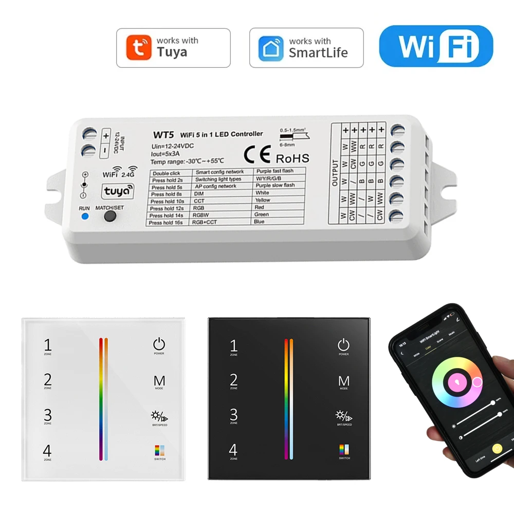 wifi led strip controlador rgb mais cct rgbcw dimmable zone 24g controle remoto de toque tuya smart life app para alexa e google home 5in 01