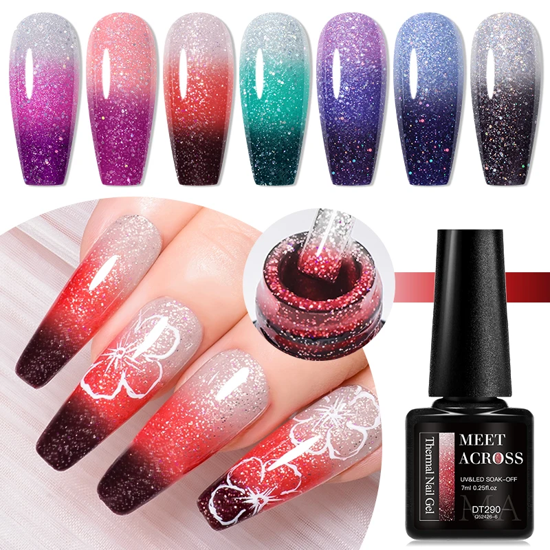 MEET ACROSS 7ml Glitter Thermal Gel Nail Polish 3 Colors Changing Soak Off Gel Winter Color Semi Permanant Nail Art Varnish