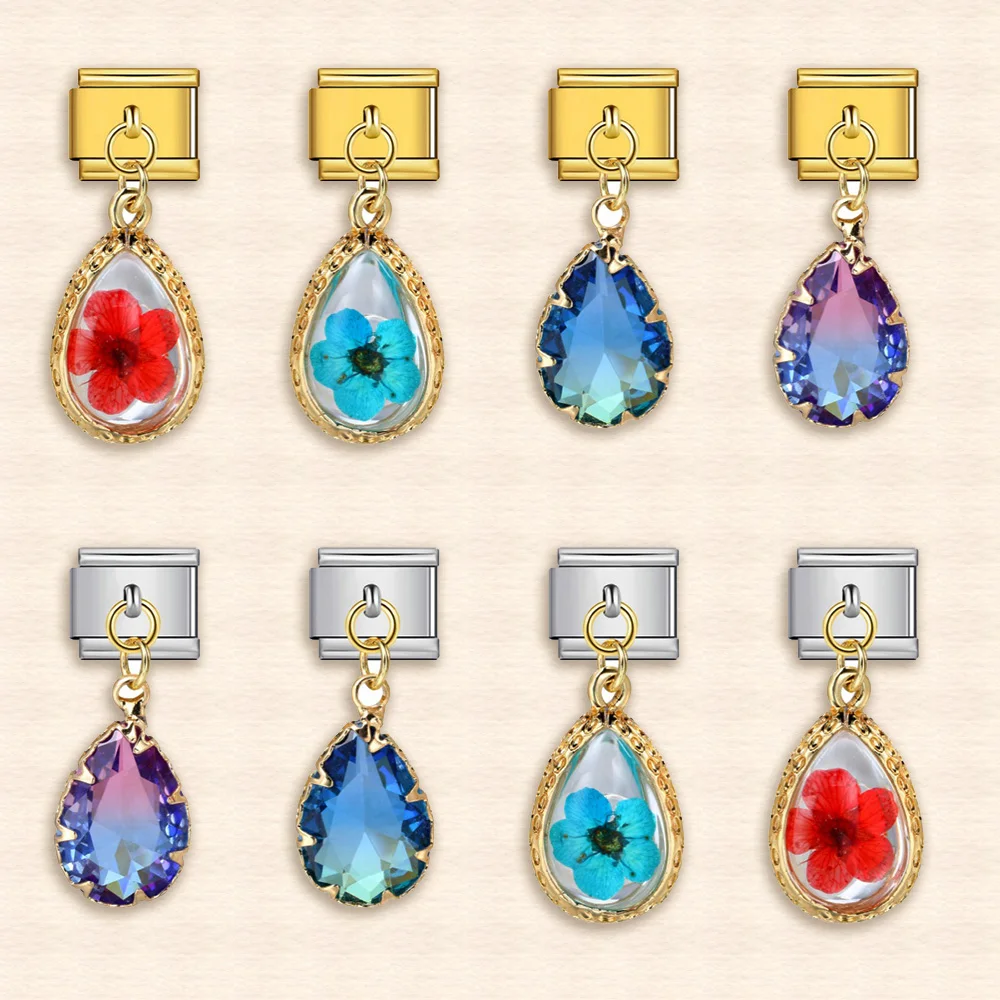 URING Rainbow Color CZ Waterdrop Flower Pendant Italian Charm Link Fit 9mm Stainless Steel Bracelet Making DIY Making Jewelry