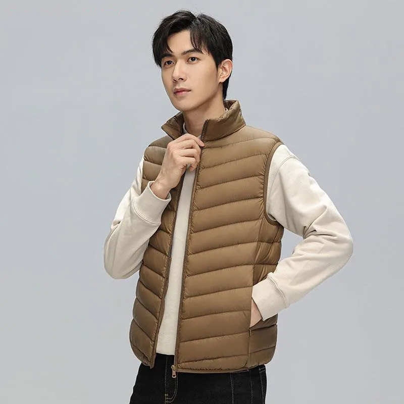 

Vest Down Coats Men Solid Down Vests Stand Collar Zipper Cardigan Spliced Loose Fit Slight Strech Autumn 2025 Casual Pockets