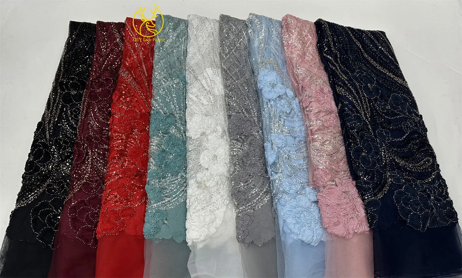 Modische französische 3D-Mesh-Stickerei-Spitze, afrikanischer Perlen-Spitzenstoff, himmelblauer nigerianischer Tüll-Spitzenstoff für Hochzeitskleider und Partykleider zum Nähen – Detail 3