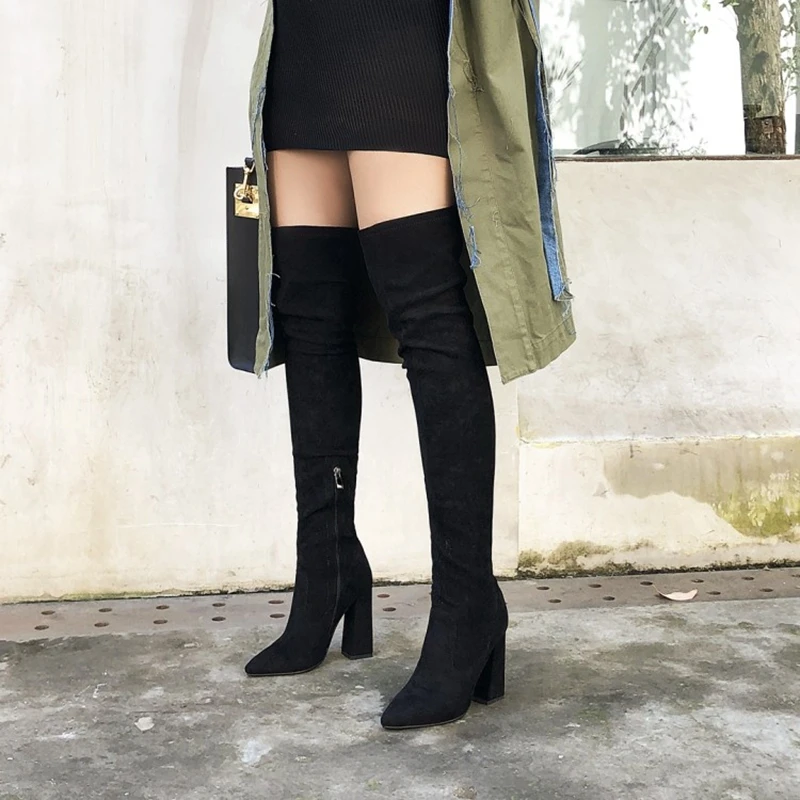 Girseaby Women Boots Over Knee 61cm Chunky Heels 10.5cm Pointed Toe Zipper Flock Suede Big Size 33 45 46 48 Green Black