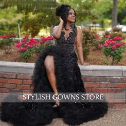 Customized 2025 Black Sequins Mermaid Prom Dress Black Girls High Slit Ruffles Crystal Beaded Evening Party Gown