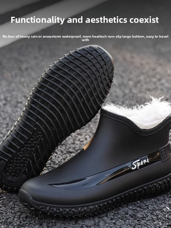 

Sporty Short Tube Rain Boots Men's Thick Bottomed Indoor Outdoor Wear Waterproof Casual Fishing Warm Fleece Lined Non-Slip Ki...
