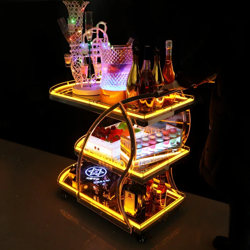 Bar light wine car KTV night show three layer dessert cake fruit mobile led wine delivery cart