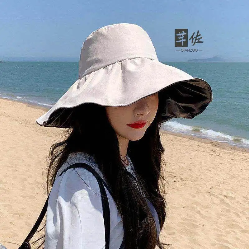Black Glue Sun Hat Women's Style Large Brim Foldable UV Protection Sunscreen Hat Fisherman Cap Summer Casual Beach Scene