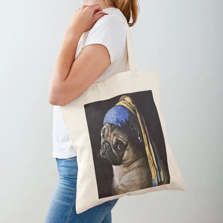 

PUG WITH PEARL EARRING Tote Bag cute tote bag supermarket folding bag Lady large size bags