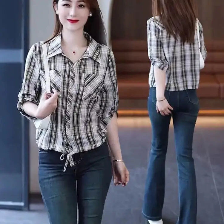 

Stylish Plaid Shirt Women's Spring Summer New Collection Loose Fit Versatile Drawstring Top