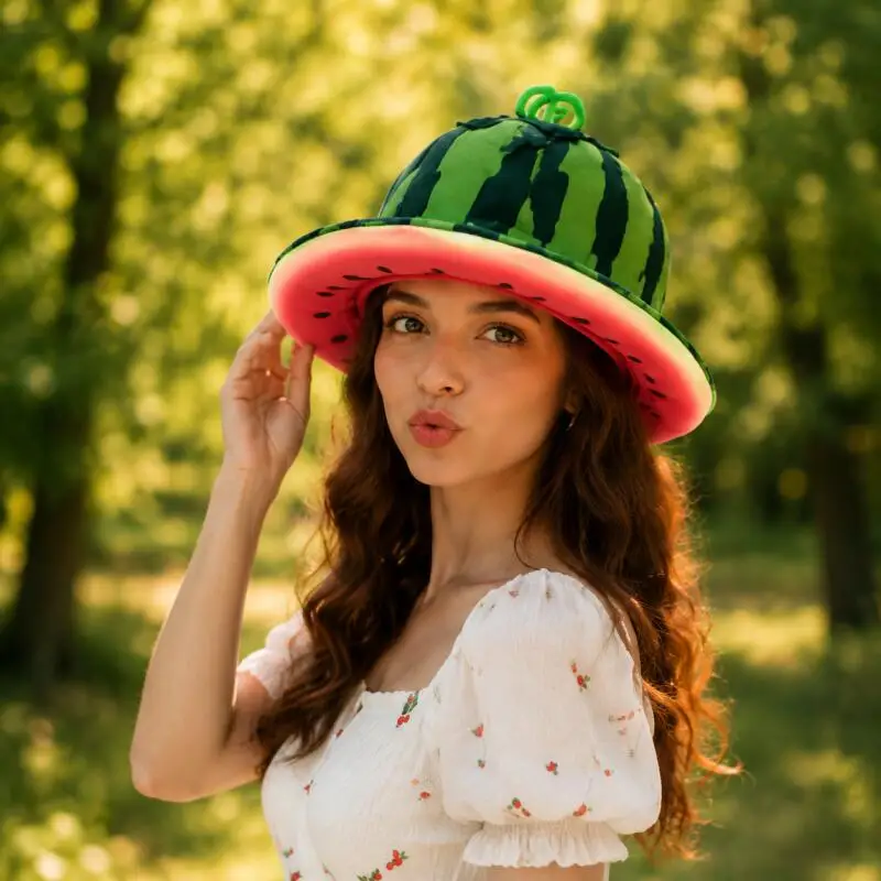 Funny 3D Watermelon Bucket Hat Soft Fabric Fruit Design Headpiece for Holiday Party Stage Performance Cosplay Dress Up Costume