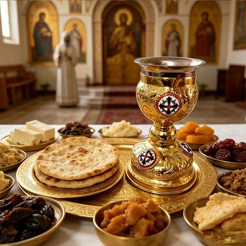 Premium Gold Plated Liturgical Chalice Set with Enamel Cross for Orthodox Church Altar Eucharist and Religious Ceremonies