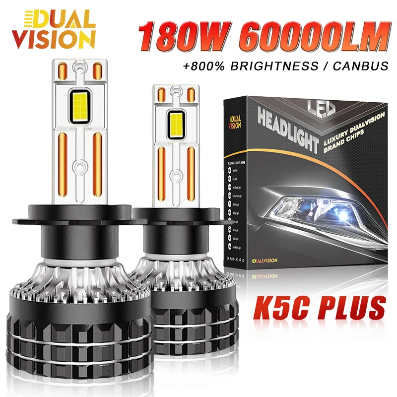 

K5C Plus H7 LED 60000LM Headlights H1 H4 H11 H8 H9 9005 9006 HB3 HB4 9012 HIR2 High Power 180W Headlamp Beam 12V Replacement 2PC