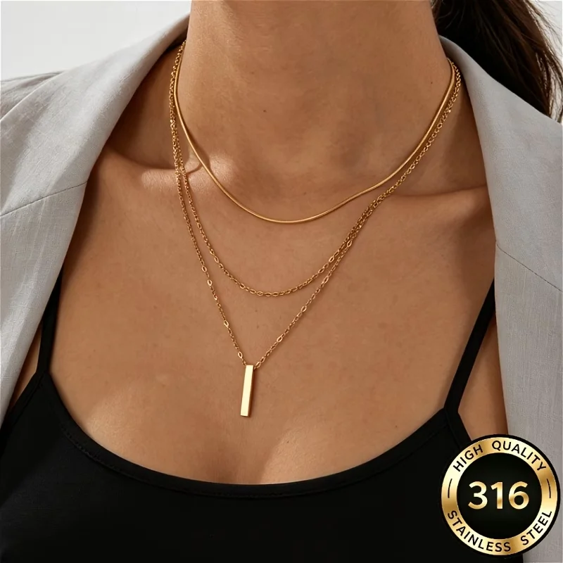 1 Piece Women's 316L Stainless Steel Three-Layer Snake Bone Chain Pendant Necklace Waterproof Hypoallergenic Stackable Jewelry