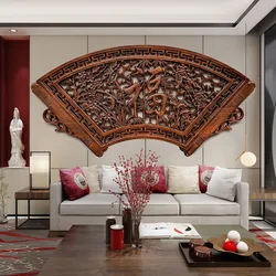 Camphor Wood Carving Decorative Painting Home Decoration Chinese Wall Fan Shelf Living Room Background Craft