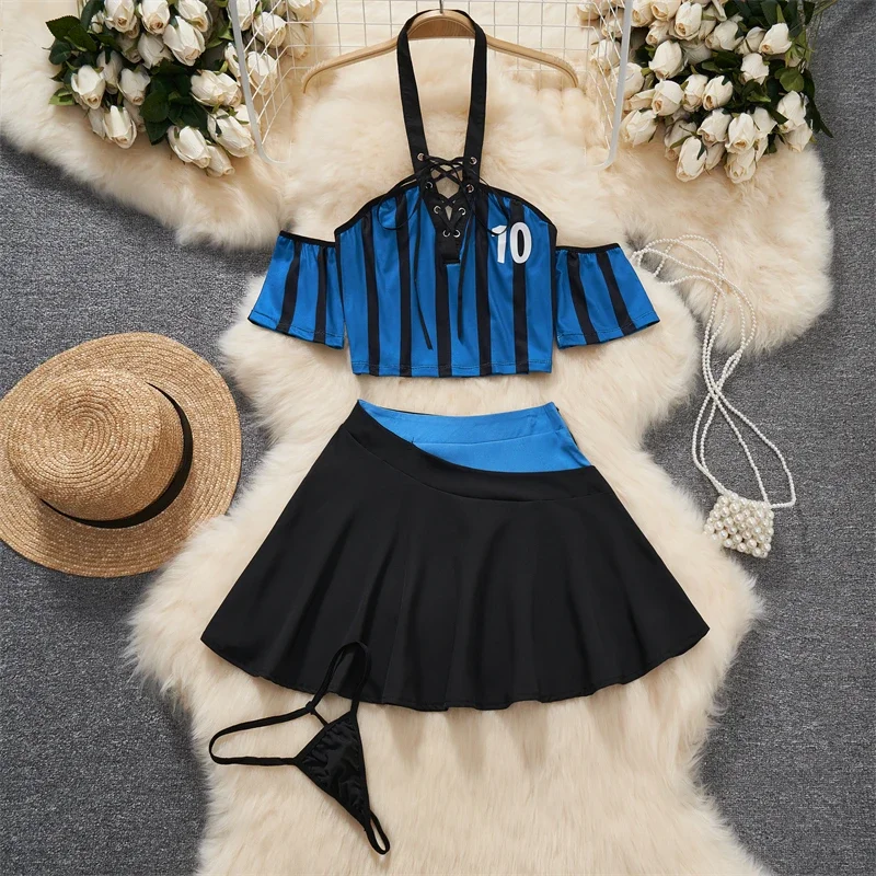 Voetbal Cheerleading Uniform 3 Stuks Pakken Korte Rok Vrouwen Kleding Lace-up Hals gemonteerde Streep Crop Top sexy Sets Sportief Nieuwe