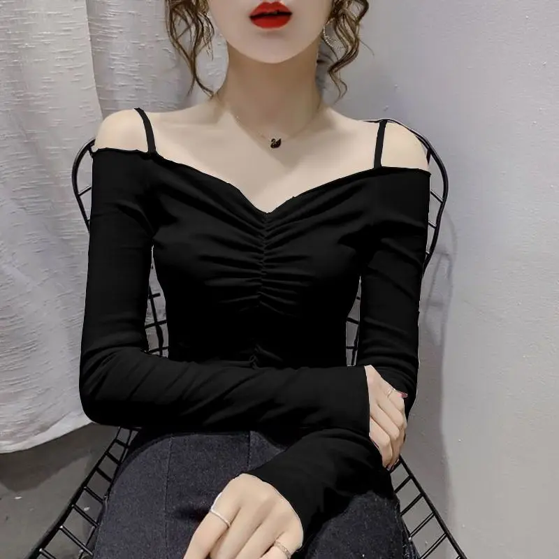 

Кокетливый топ с открытыми плечами, облегающая укороченная футболка с длинными рукавами, модная
