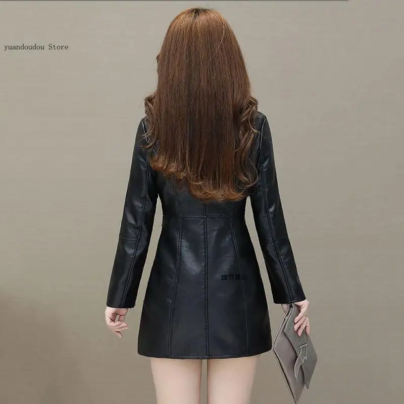 Long Suit Collar Large Size Warm Leather Jackets Womens Leather Windbreaker Velvet Thick Pu Leather Cotton Coat