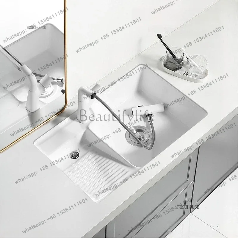 Ceramic Undercounter Bathroom Sink with Rubbing Board Laundry Basin Embedded Single Wash Sink for Balcony Home Use Durable White