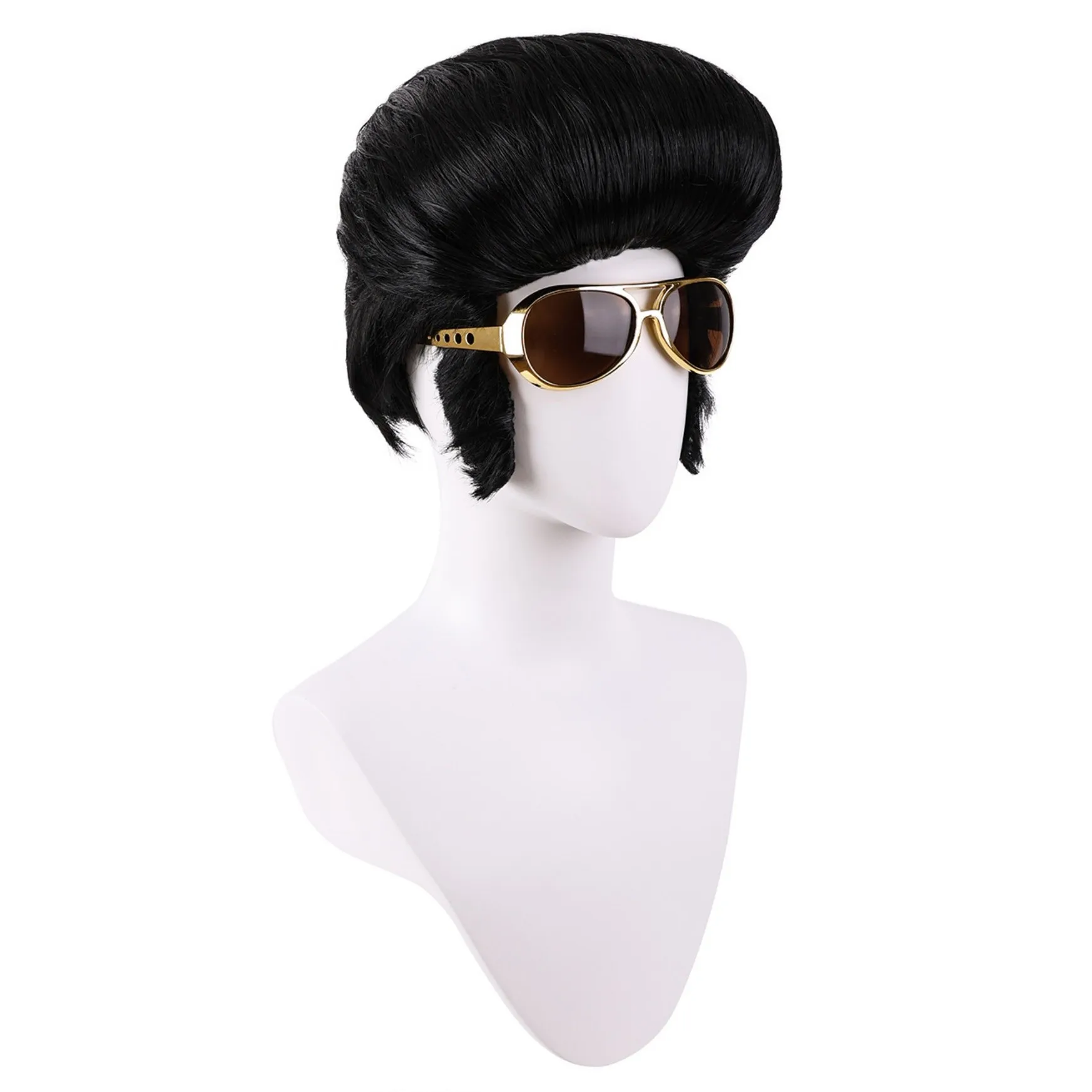 50s Disco Rock Wig with Glasses Black Singer Rocker Costume Wigs for Men 50s 60s Funny Elvis Wig for Halloween Costume Accessory
