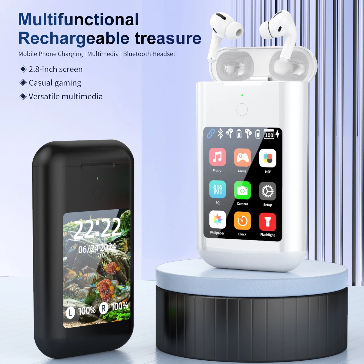 Popular TF20 BOX 3-in-1 Multi-function Wireless Bluetooth Headset Power Bank Flashlight 2.8 Inch Touch Screen Multimedia Display