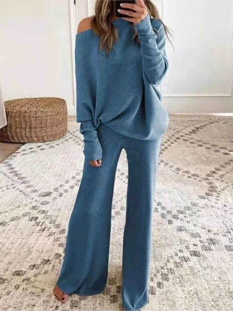 Fashion One-shoulder Long-sleeved Top + Straight Pants 2-piece Set Women Autumn Winter Solid Color Casual Knitted Suit Female