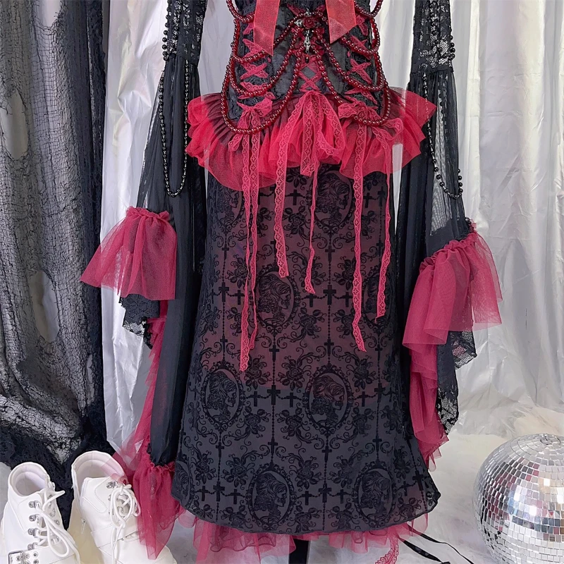 Punk Gothic Sexy Black Red Classical Court Women's Sling Dress New Lace Hollow Out Splicing Beaded Chain Long Dresses Ladies